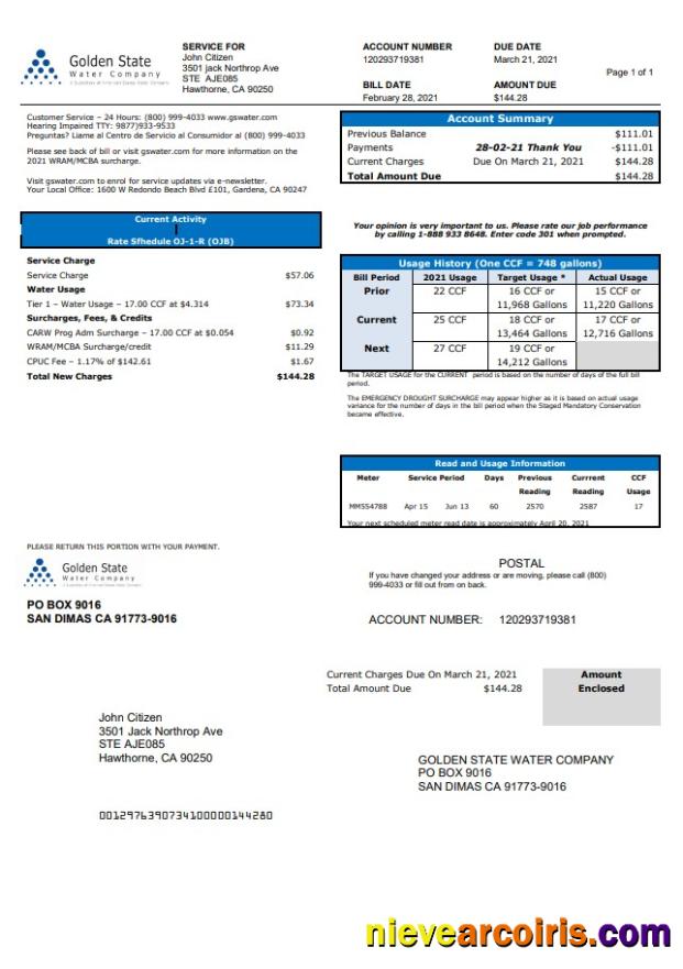 USA California Golden State Water Company utility bill